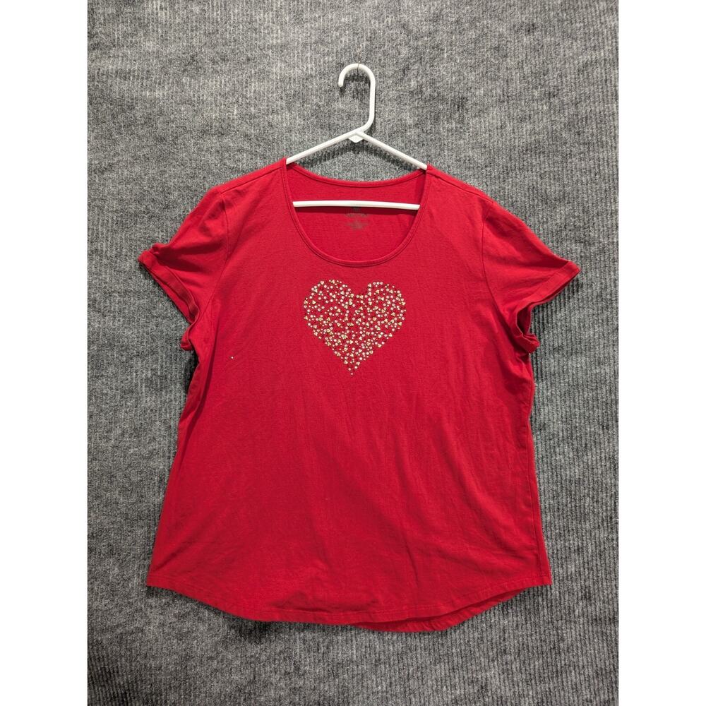 Kate Park Women's Red Rhinestone Heart Short Sleeve Cotton T-Shirt Plus Size 1X